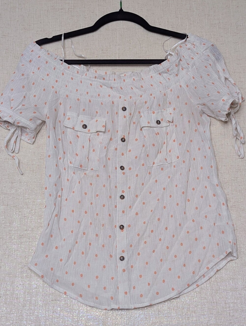Sweet Wanderer White Off-Shoulder Polka Dot Top M